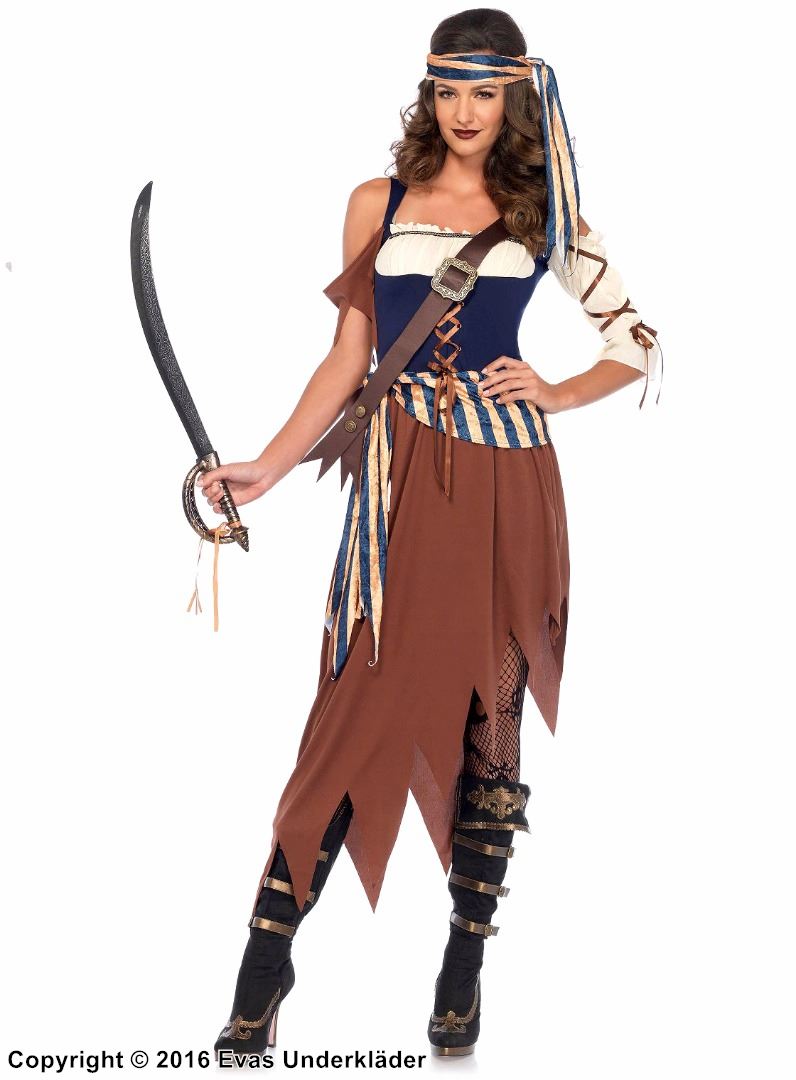 Kvinnlig pirat, maskeradklänning med cold shoulder, snörning, revor och midjeband